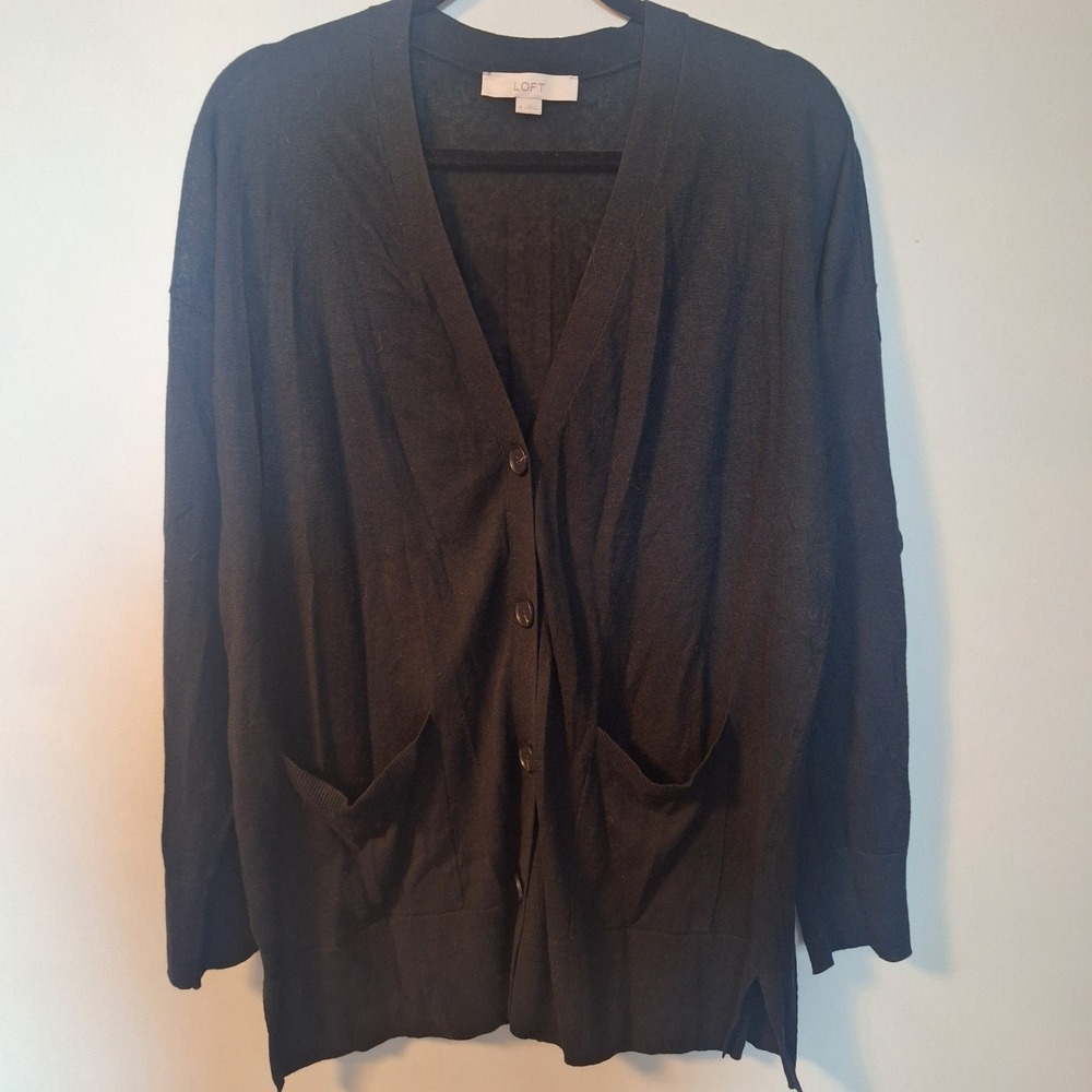 Loft Black V-Neck Button Front Cardigan Sweater with Pockets Size XL